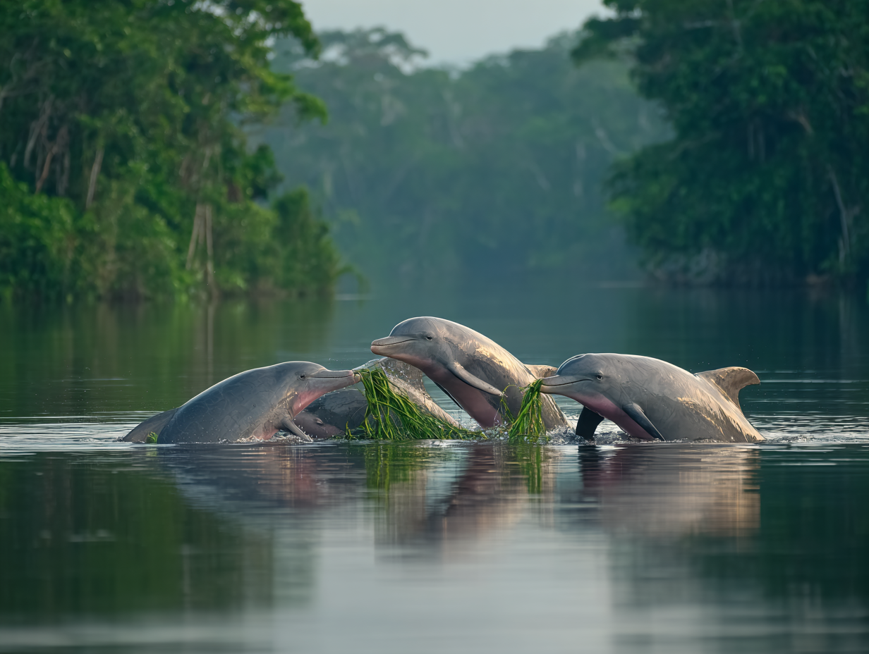 Amazon river dolphin in flooded forest