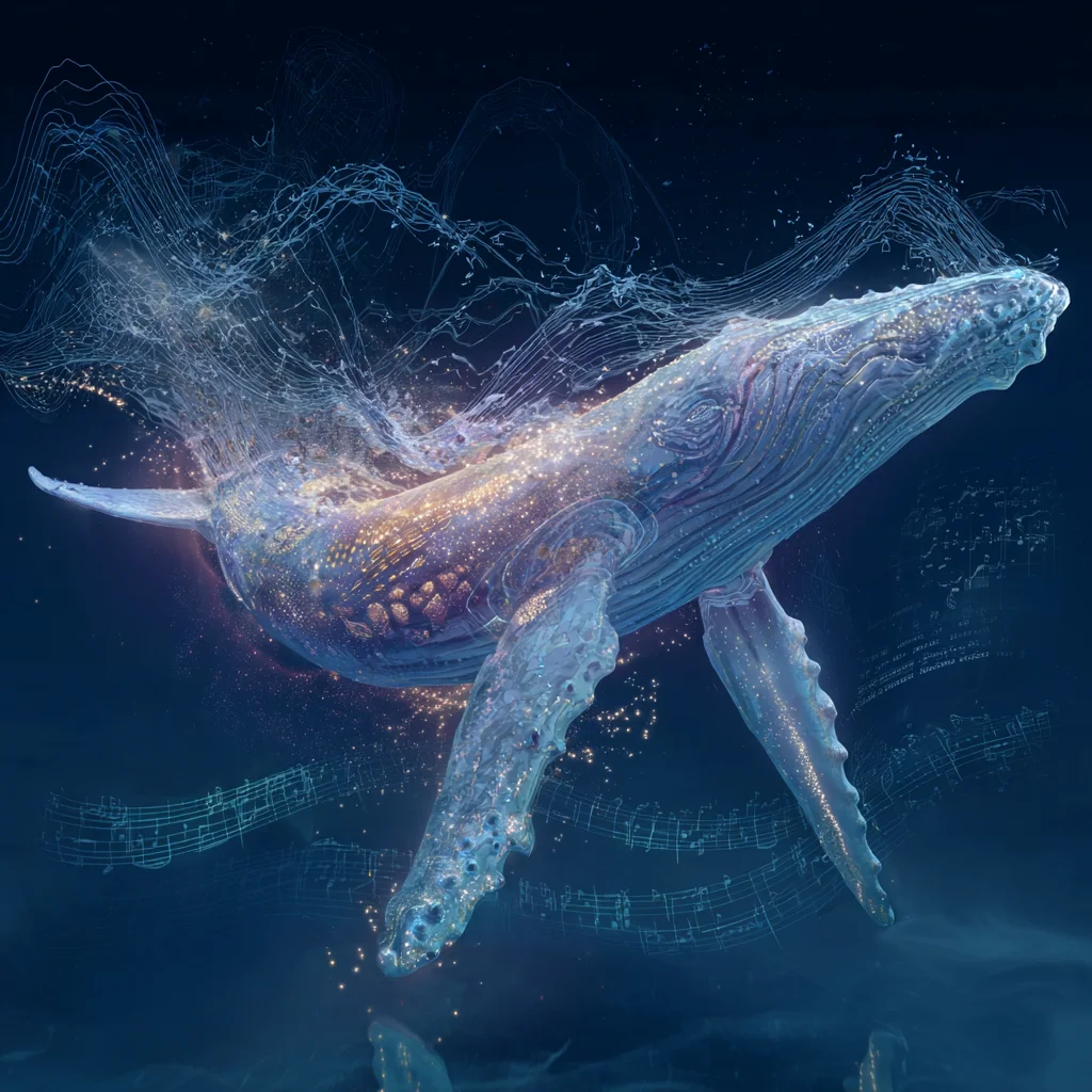 A luminous whale composed of music and light, swimming through the cosmic ocean between dimensions