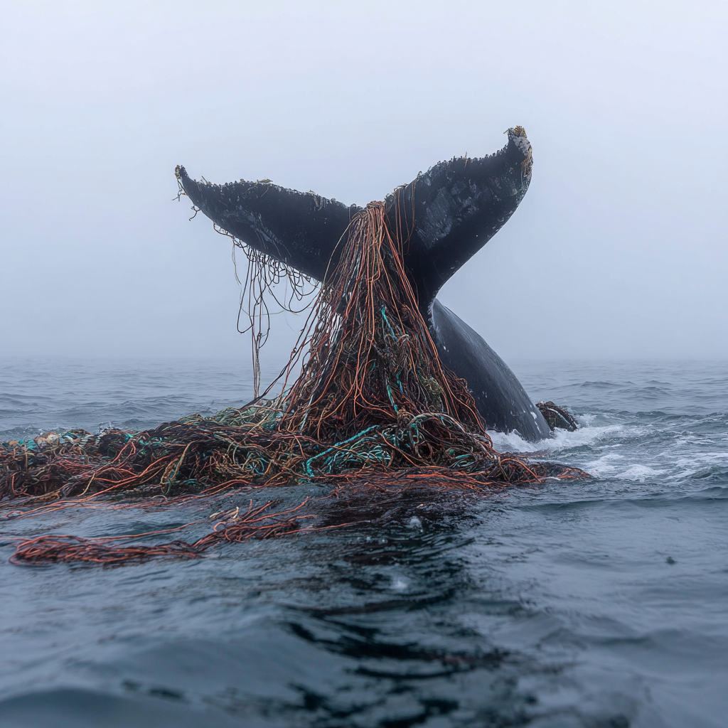 Humpback whale entangled in fishing gear