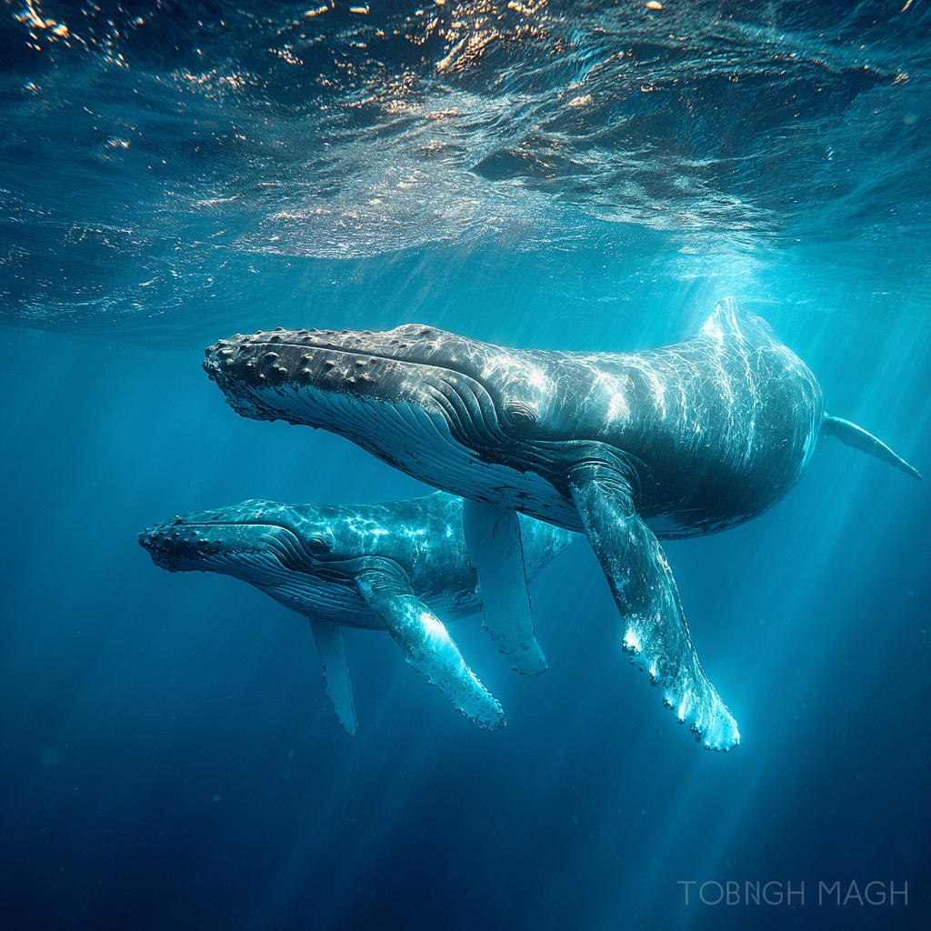Humpback mother and calf underwater