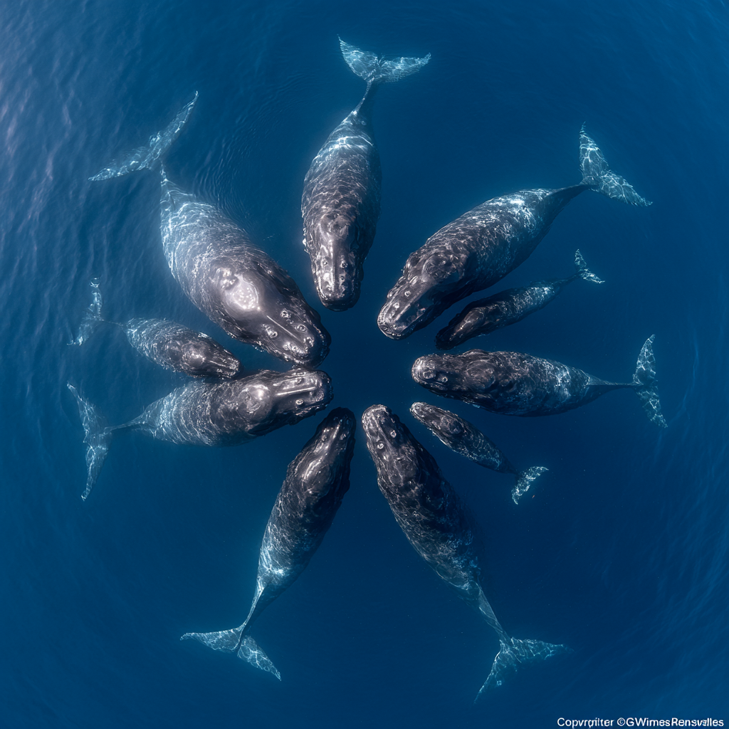 Sperm whale social unit swimming together